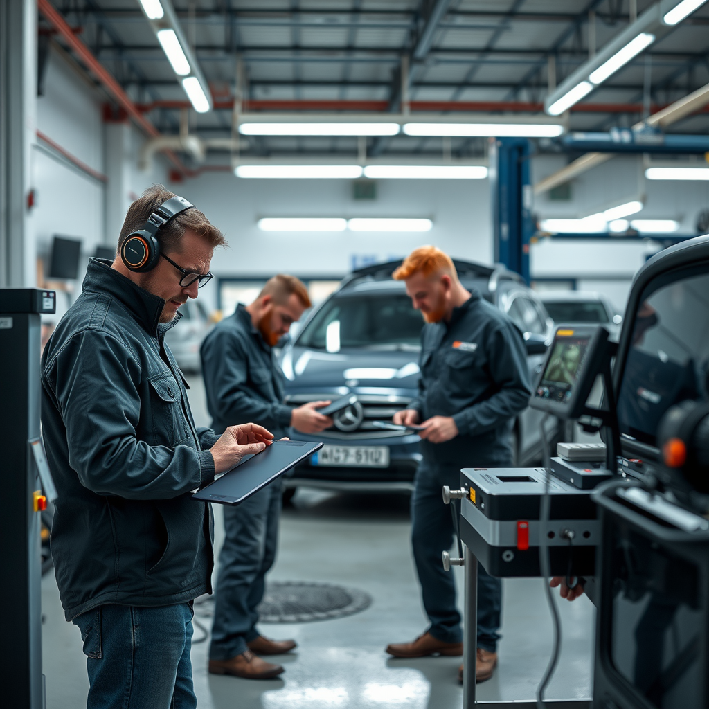 Equipo profesional de DanisheSyst realizando inspección detallada de vehículo en taller moderno con herramientas de diagnóstico avanzadas