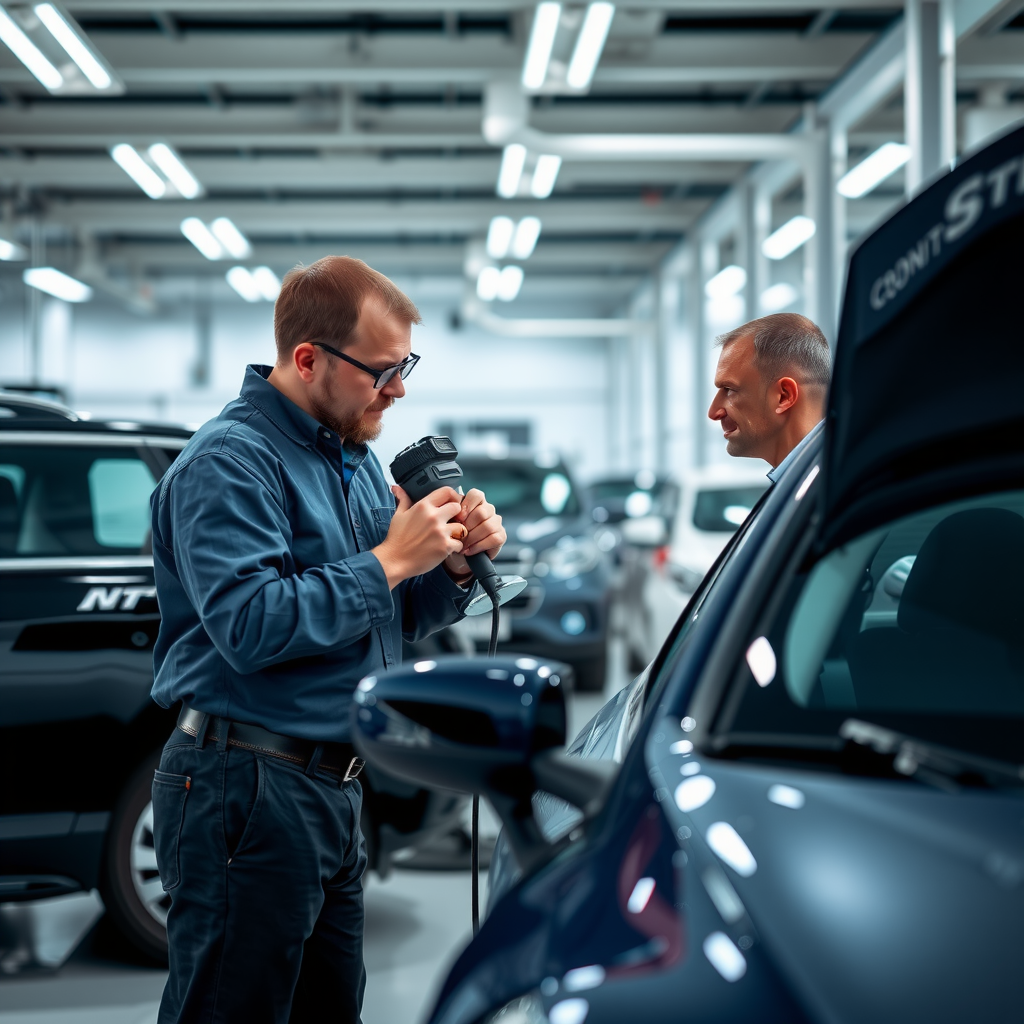 Servicio profesional de inspección de vehículos - Experto examinando automóvil con herramientas de diagnóstico en instalación moderna de inspección