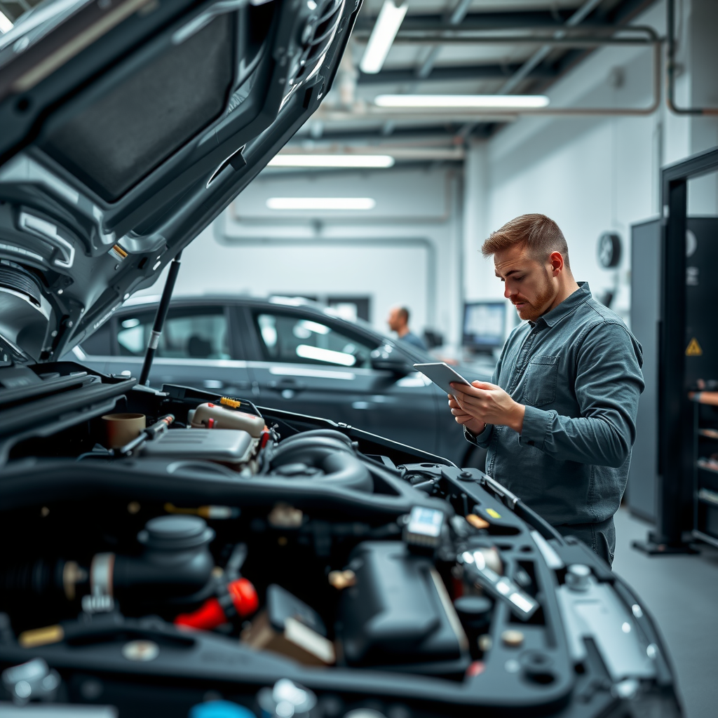 Mecánico profesional realizando una inspección detallada de un automóvil usado en un taller moderno, revisando el motor, frenos y documentación con herramientas especializadas