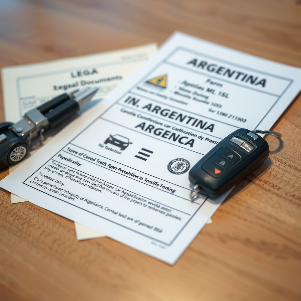 Documentos legales para compra de auto en Argentina, papeles oficiales, formularios de transferencia y llaves de vehículo sobre escritorio profesional