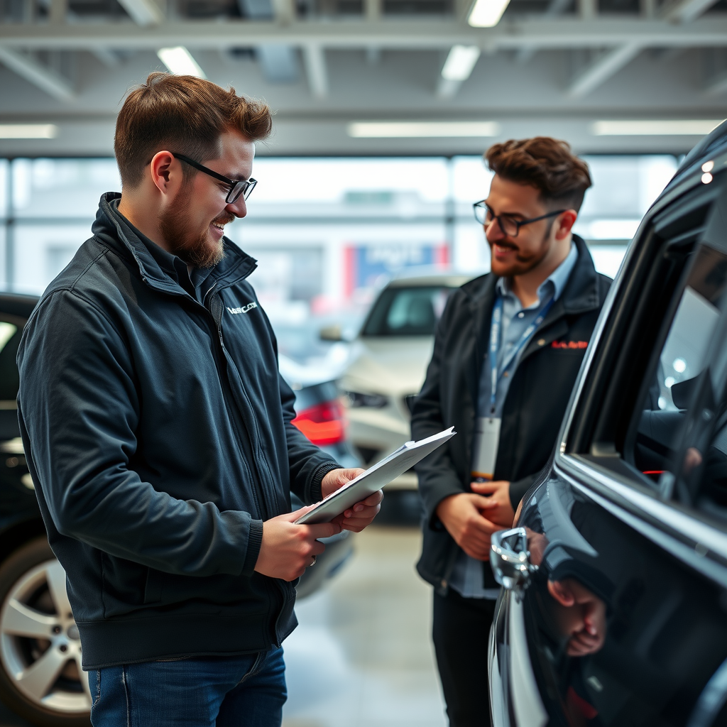 Experto profesional de DanisheSyst realizando inspección detallada de vehículo junto a cliente satisfecho en concesionario argentino, mostrando transparencia y profesionalismo en el proceso de selección