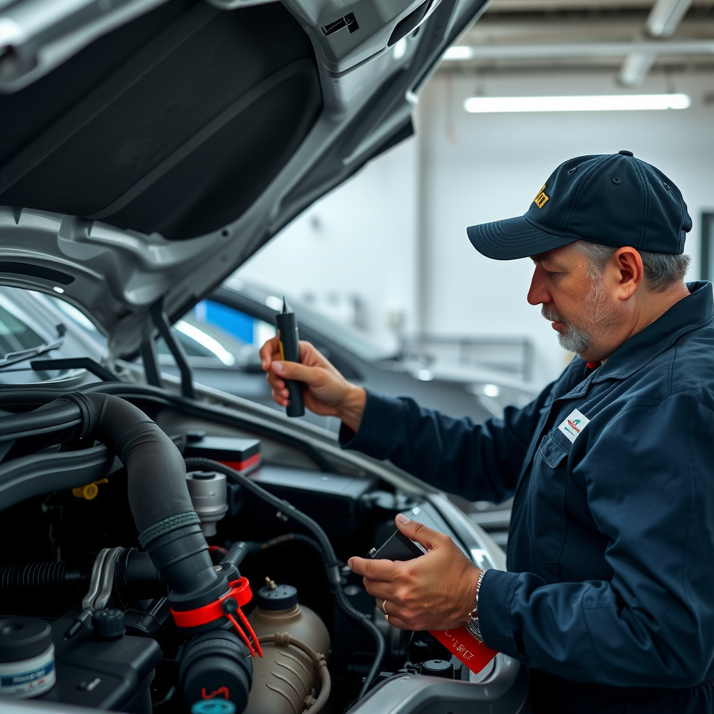 Mecánico profesional realizando una inspección detallada de un vehículo usado en Argentina, revisando el motor, documentación y verificando el estado general del automóvil con herramientas especializadas