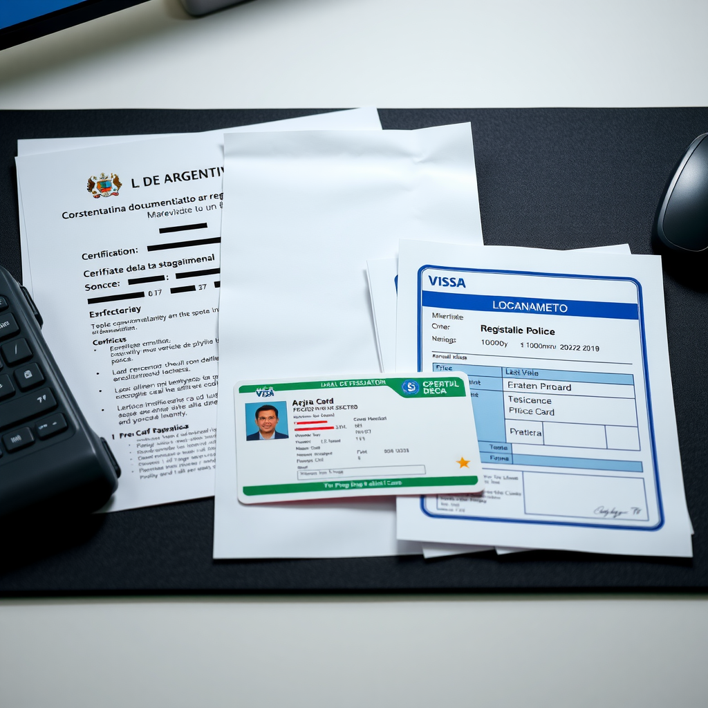 Conjunto completo de documentación legal de vehículo argentino incluyendo título de propiedad, cédula verde, verificación policial y comprobantes de pago de patentes dispuestos sobre escritorio profesional