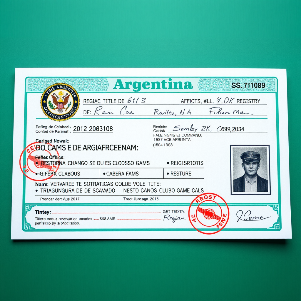 Título de propiedad del automotor argentino, cédula verde oficial con sellos del registro, datos del vehículo y firmas legales