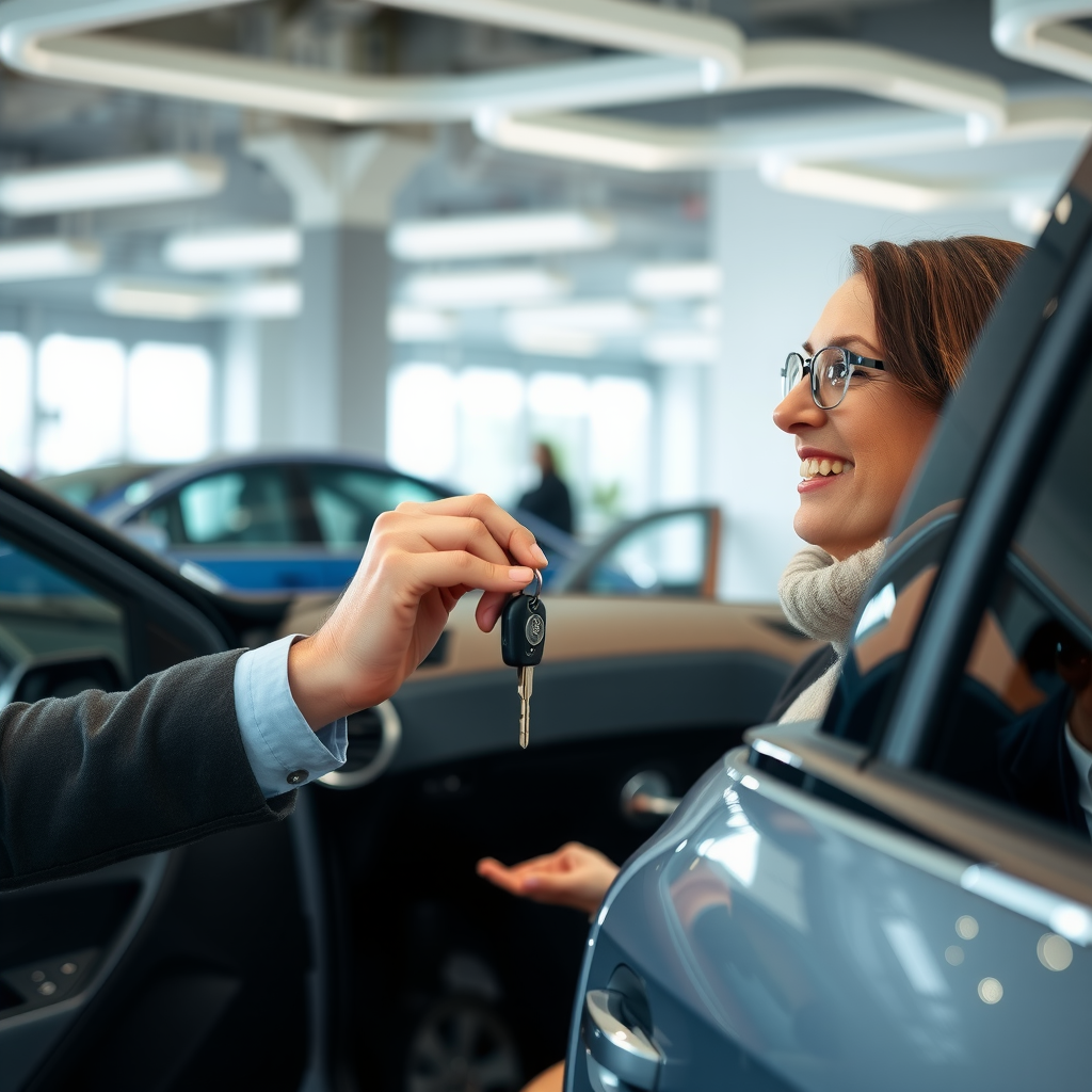 Cliente sonriente recibiendo las llaves de su vehículo nuevo después de proceso exitoso de selección con DanisheSyst, celebrando inversión inteligente y segura