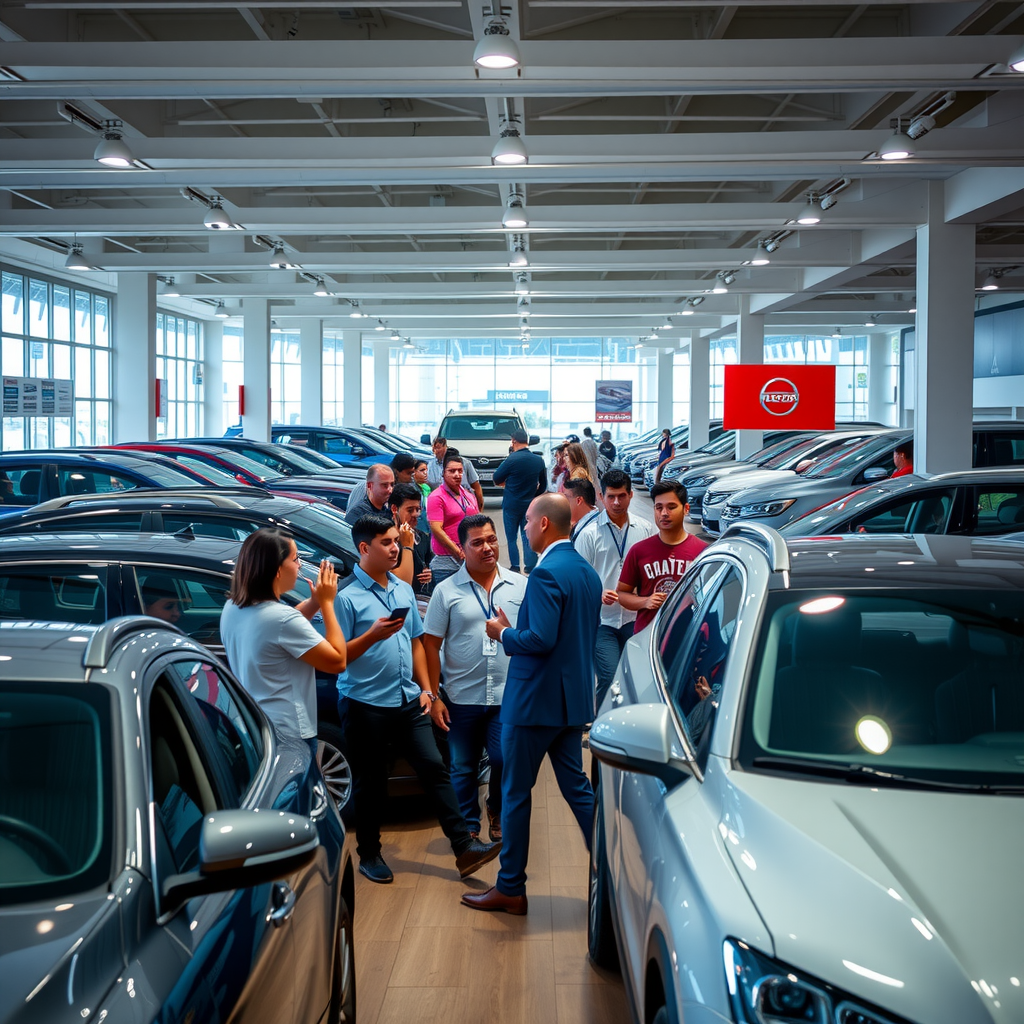 Concesionaria argentina llena de clientes durante temporada alta, mostrando la actividad comercial intensa con múltiples vehículos en exhibición y vendedores atendiendo compradores