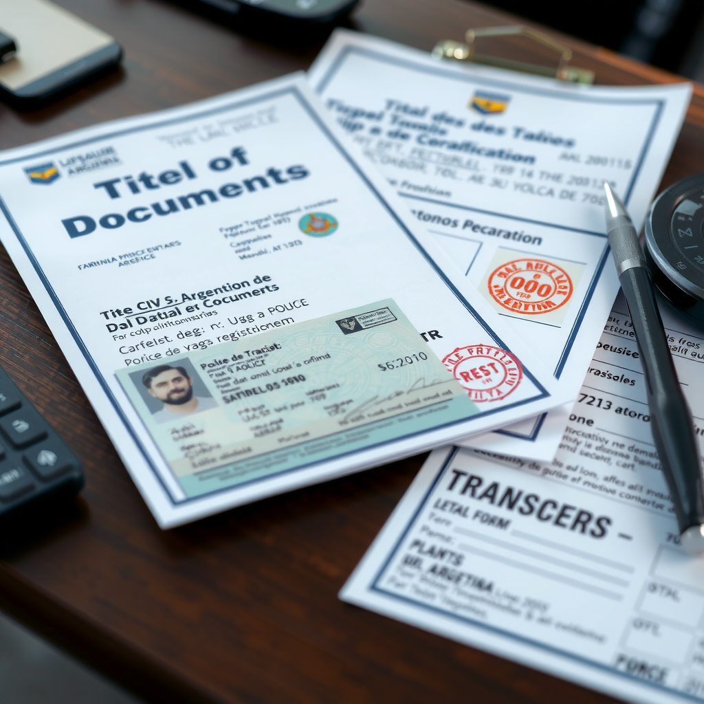 Documentos legales de vehículos argentinos sobre un escritorio, incluyendo título de propiedad, cédula verde, verificación policial y formularios de transferencia con sellos oficiales