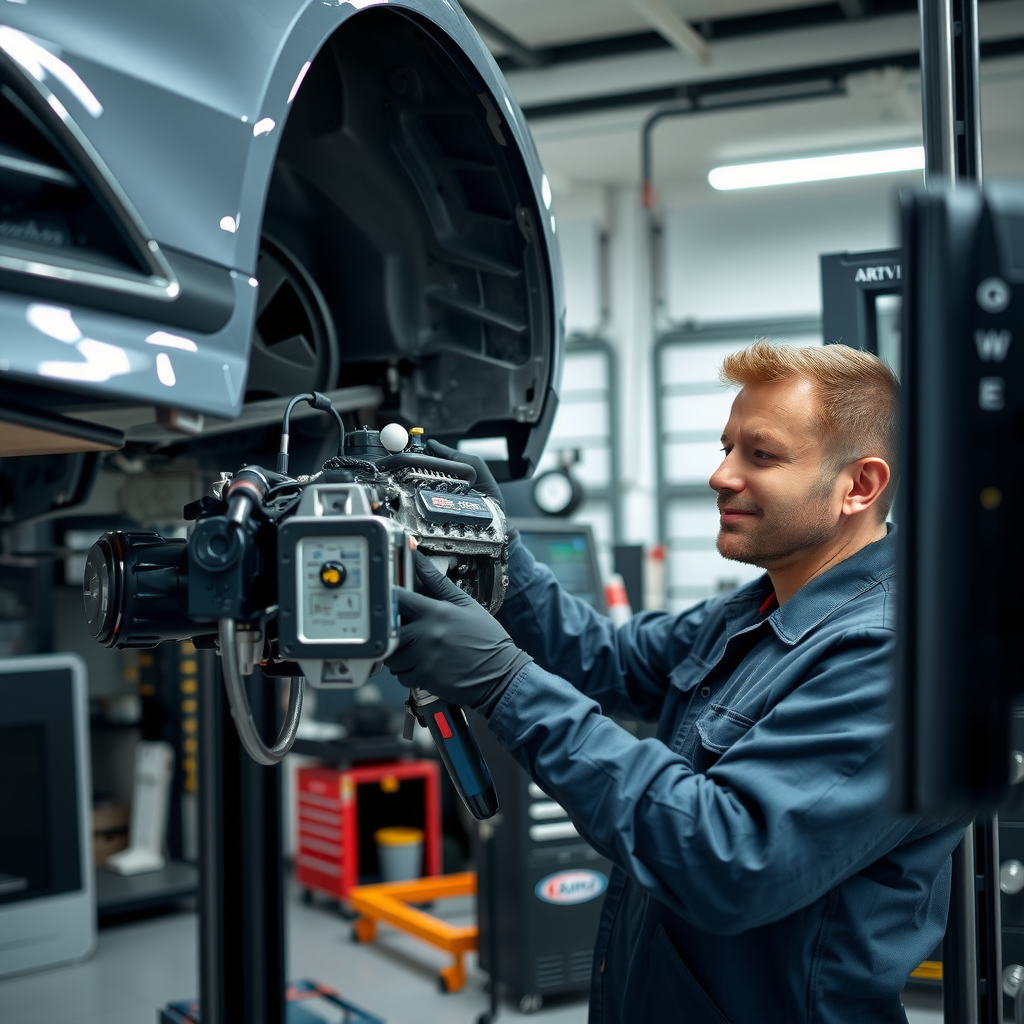 Mecánico profesional realizando inspección detallada del motor y sistema de transmisión de vehículo elevado en taller equipado con herramientas de diagnóstico computarizadas y equipamiento especializado