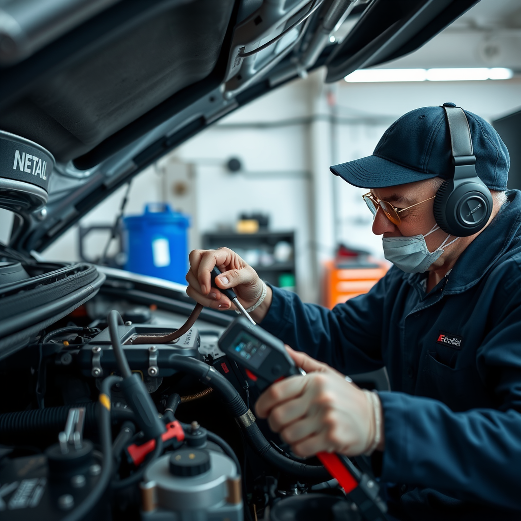 Mecánico certificado de DanisheSyst realizando inspección técnica exhaustiva del motor de vehículo, utilizando herramientas profesionales para detectar problemas ocultos