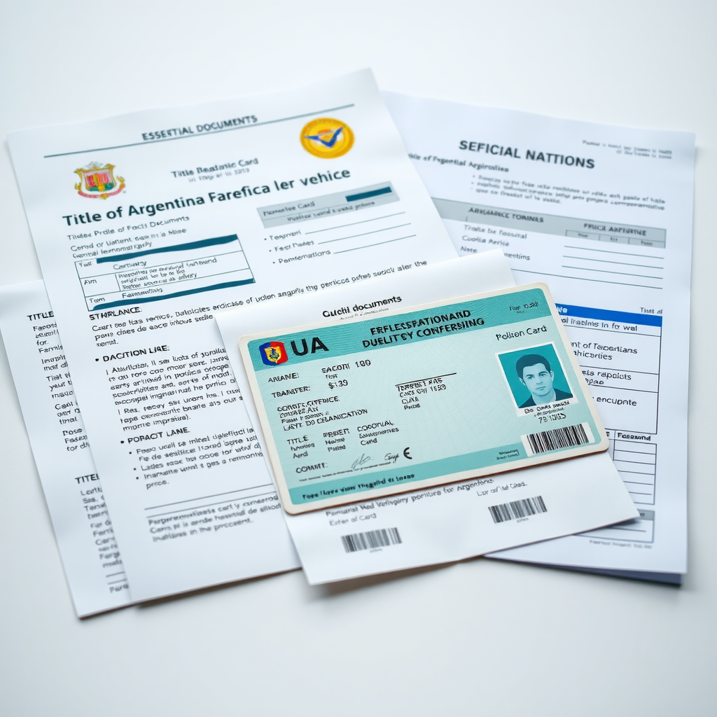 Documentos legales esenciales para la compra de vehículos en Argentina, incluyendo título de propiedad, cédula verde, verificación policial y formularios de transferencia, mostrando el proceso de verificación de documentación automotor