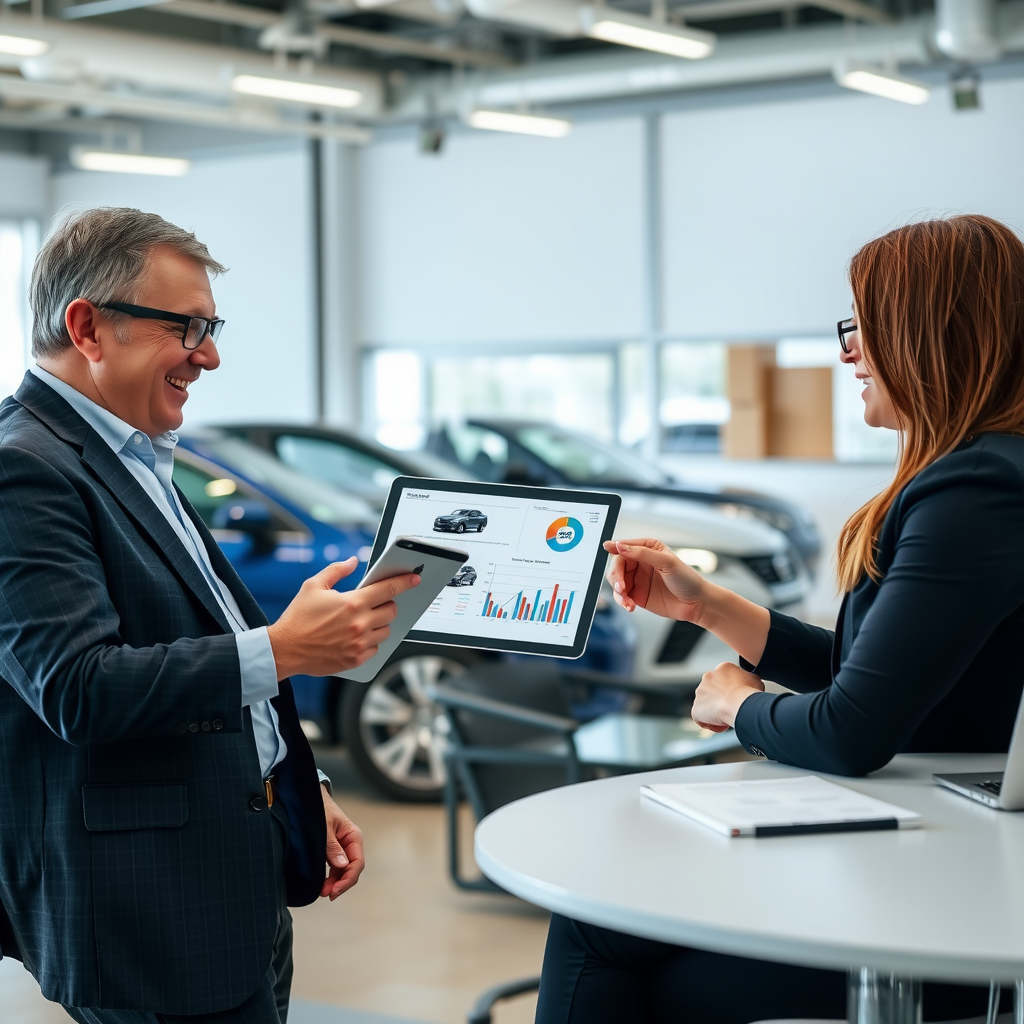Consultor automotriz profesional asesorando a un cliente satisfecho en una oficina moderna, mostrando opciones de vehículos en una tablet con gráficos de comparación y documentos de análisis