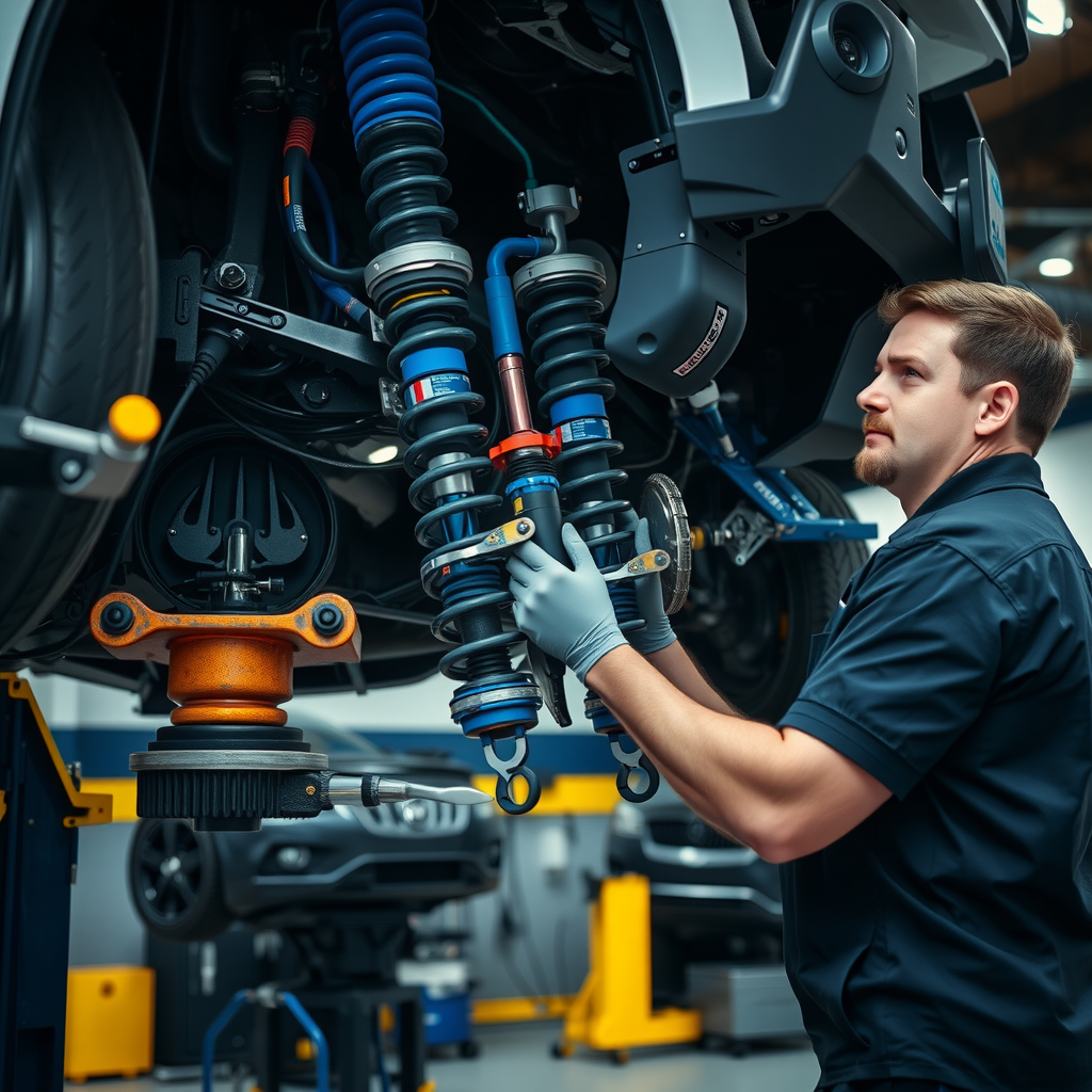 Técnico especializado inspeccionando sistema de suspensión, amortiguadores y frenos de vehículo elevado en rampa hidráulica en taller profesional con iluminación especializada