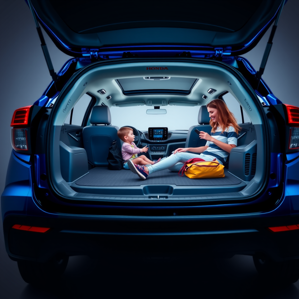 Honda HR-V SUV compacta en color azul mostrando su amplio espacio interior y maletero, ideal para familias que buscan versatilidad y confiabilidad