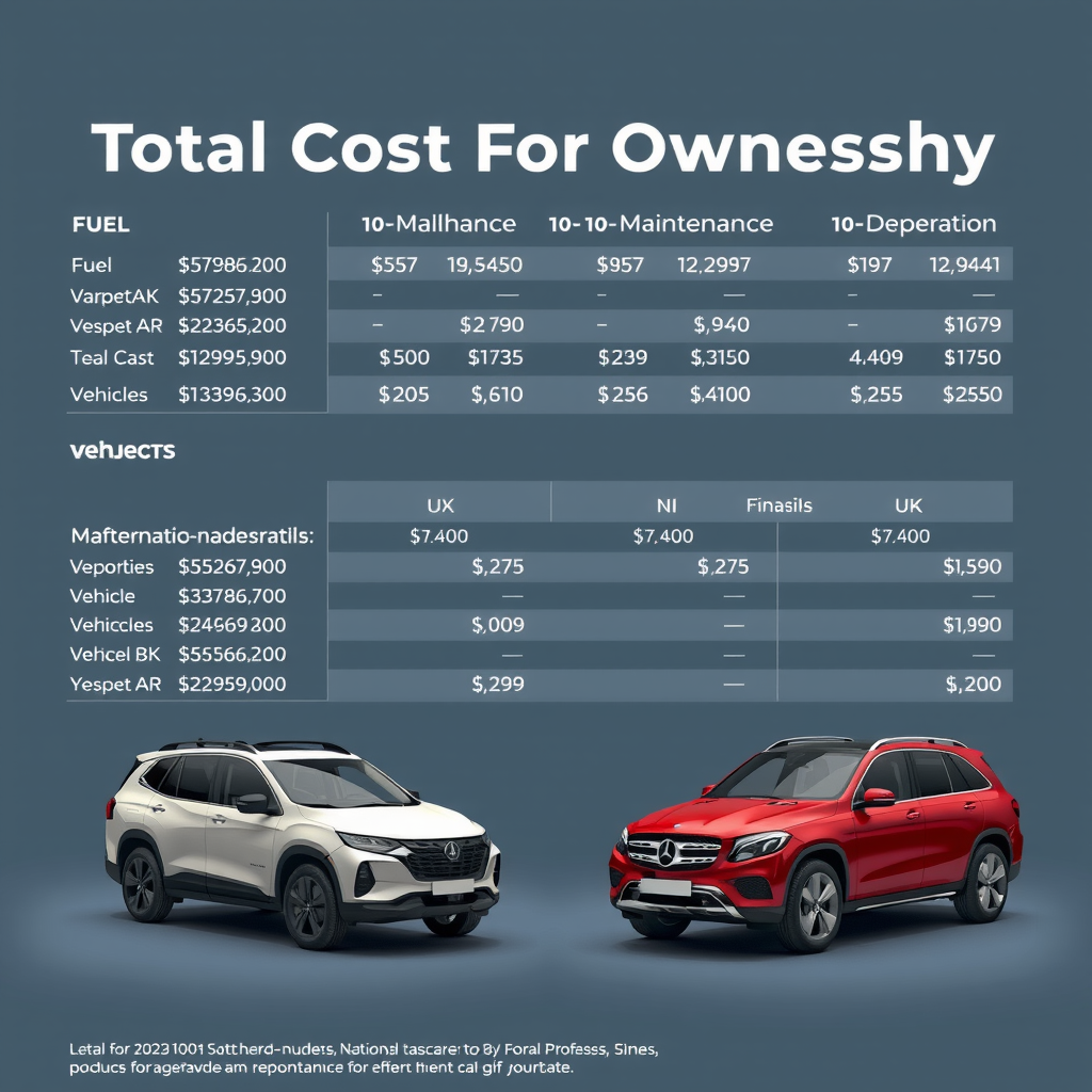 Gráficos y análisis financiero detallado mostrando comparación de costos totales de propiedad entre diferentes vehículos, incluyendo combustible, mantenimiento y depreciación