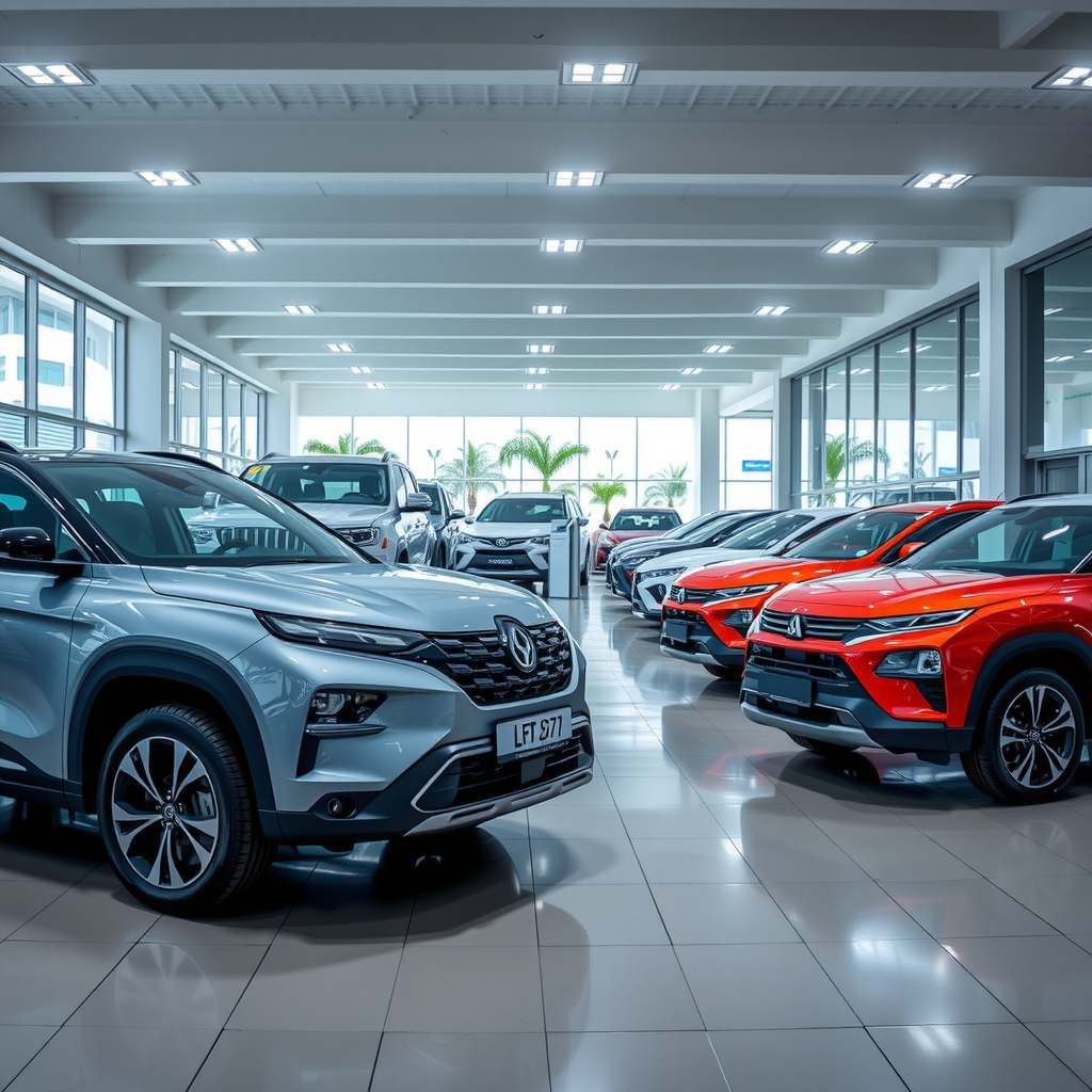 Showroom moderno de concesionaria argentina con vehículos 0 kilómetro en exhibición, iluminación profesional destacando diferentes modelos y colores disponibles