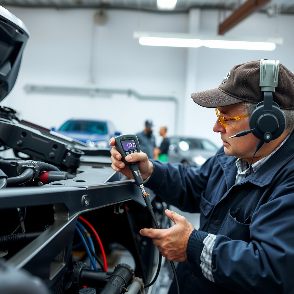 Inspector profesional examinando chasis y carrocería de vehículo con medidor de espesor de pintura y herramientas especializadas para detectar reparaciones previas y daños estructurales ocultos