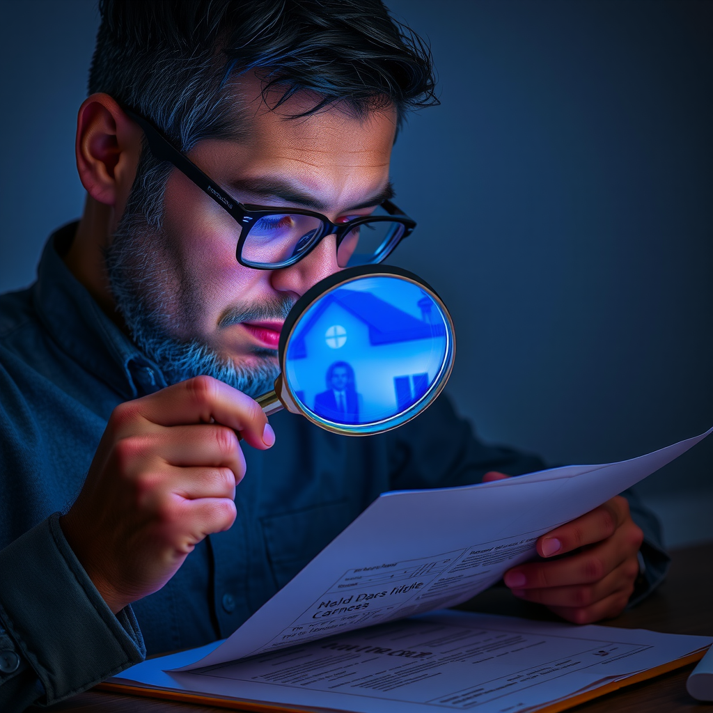 Profesional especializado examinando título de propiedad con lupa y luz ultravioleta para detectar elementos de seguridad y posibles falsificaciones