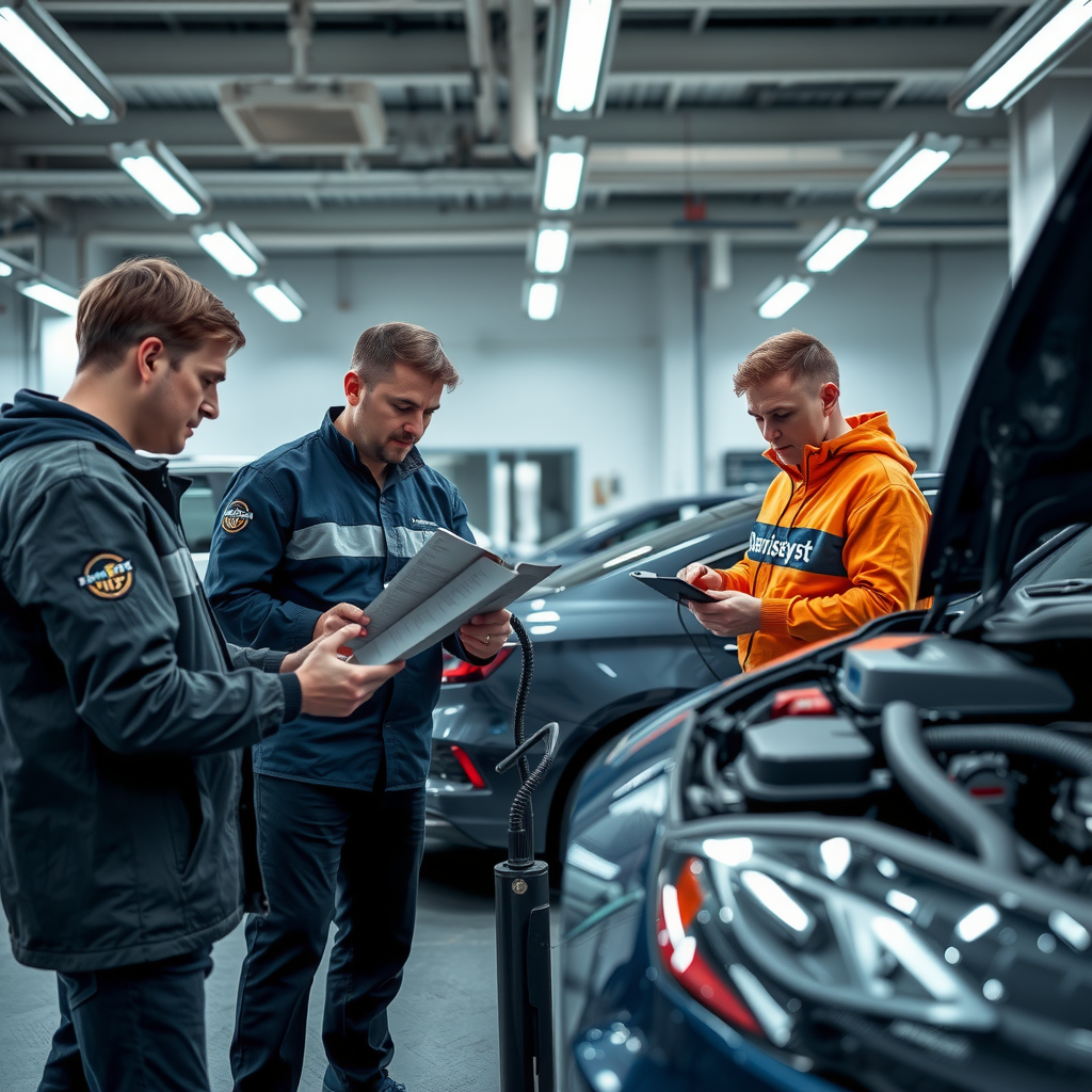 Equipo de expertos de DanisheSyst realizando inspección multi-punto de vehículo con equipamiento profesional, documentando cada aspecto técnico y mecánico