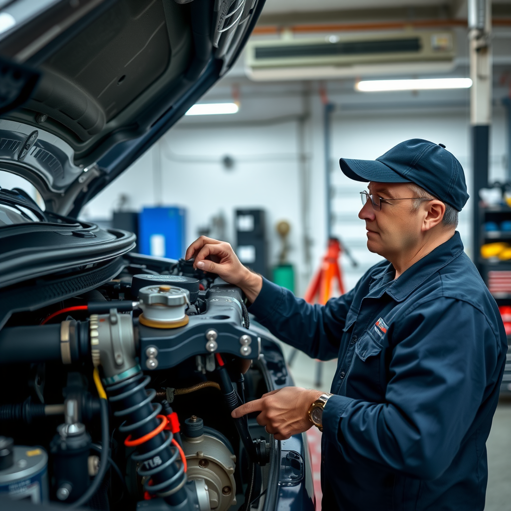 Mecánico profesional realizando inspección detallada de vehículo usado en taller, revisando motor, suspensión y sistemas mecánicos con herramientas especializadas
