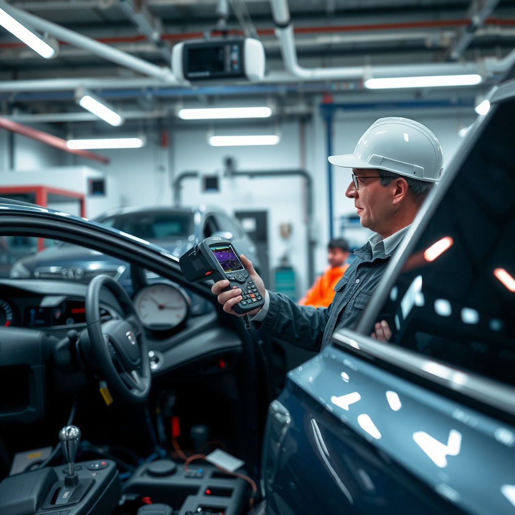 Técnico especializado inspeccionando sistema eléctrico y computadora de bordo de vehículo moderno utilizando scanner de diagnóstico profesional en taller equipado con tecnología avanzada