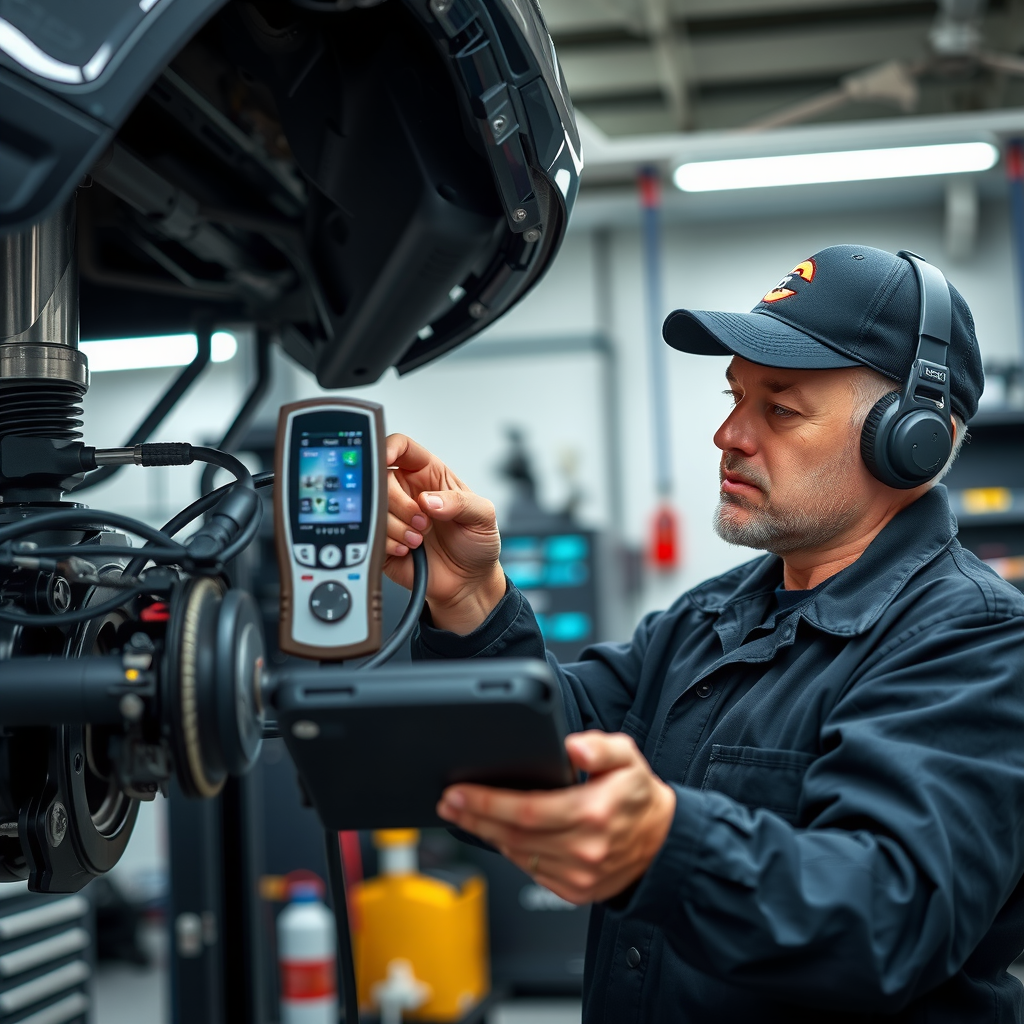 Mecánico certificado realizando inspección detallada del sistema de frenos, suspensión y componentes críticos usando equipamiento profesional de diagnóstico