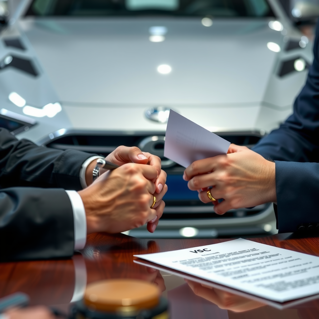 Firma de boleto de compraventa de vehículo, manos de comprador y vendedor firmando contrato con escribano supervisando y documentos legales sobre mesa
