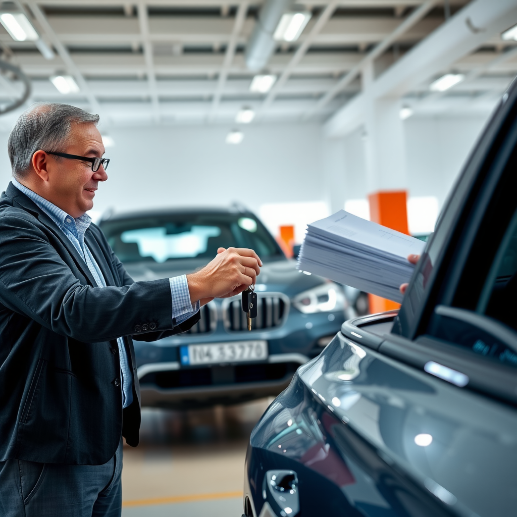 Momento de entrega exitosa de vehículo, comprador satisfecho recibiendo llaves con toda la documentación completa, vendedor y comprador estrechando manos