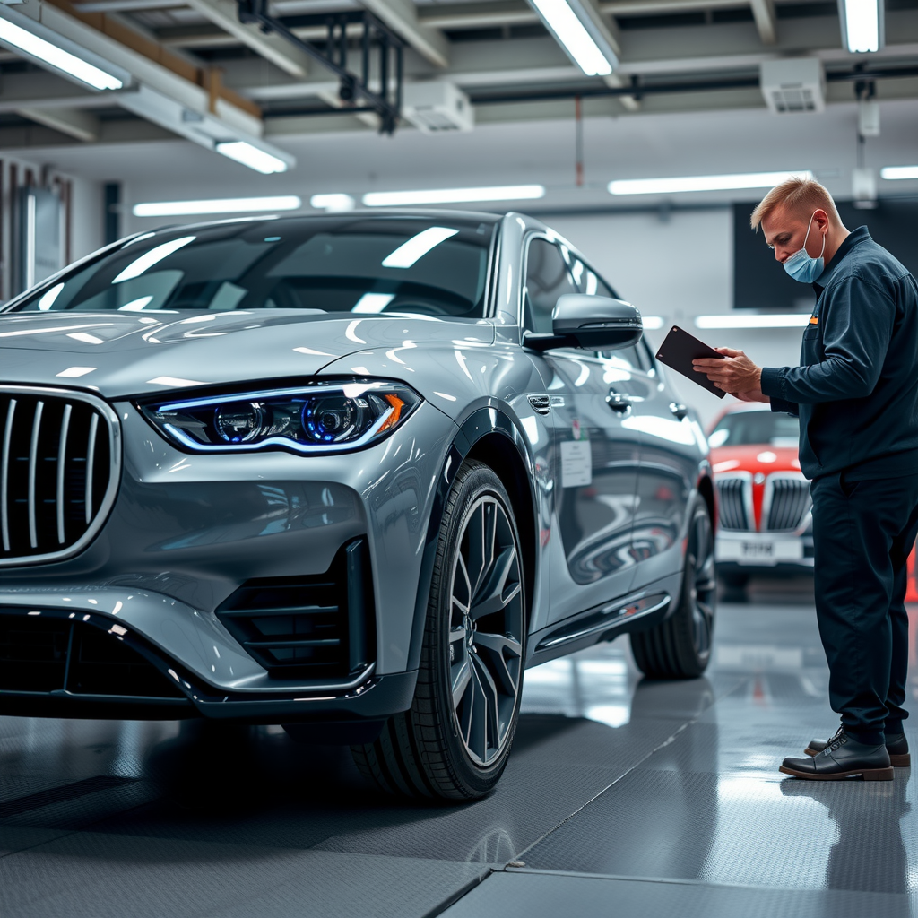 Inspección especializada de vehículo de alta gama por expertos de DanisheSyst, mostrando atención meticulosa a detalles técnicos complejos y sistemas avanzados