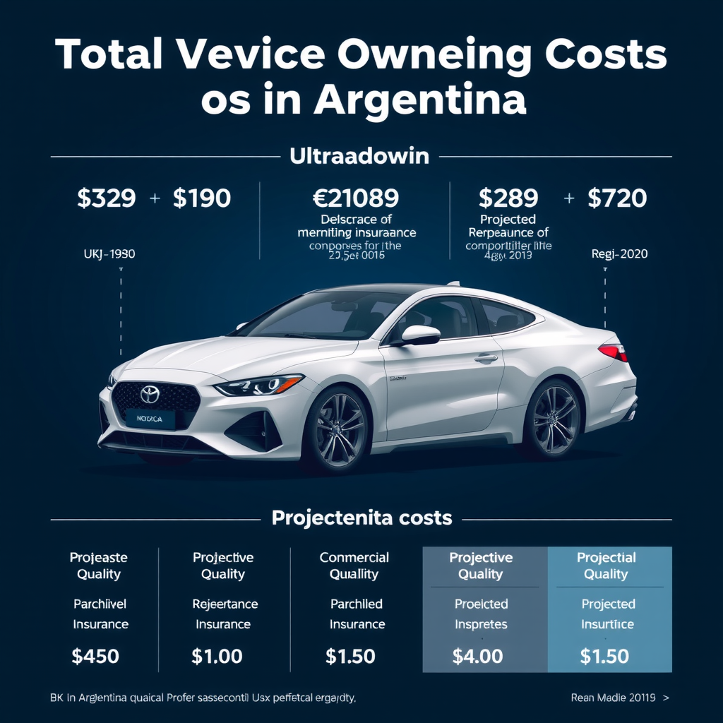 Infografía detallada mostrando desglose de costos totales de propiedad de vehículo en Argentina, incluyendo compra, mantenimiento, seguro, patente y depreciación proyectada