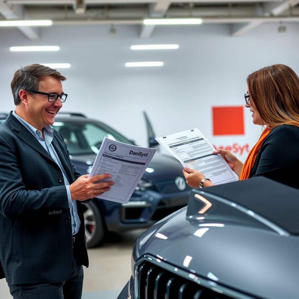 Cliente feliz revisando documentación completa del vehículo con asesor de DanisheSyst, mostrando transparencia total y profesionalismo en proceso de compra