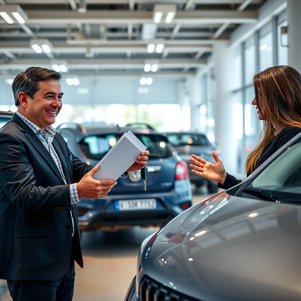 Momento de entrega de llaves de vehículo en concesionaria argentina, comprador satisfecho recibiendo documentación y llaves de su nuevo auto, ambiente profesional y celebratorio