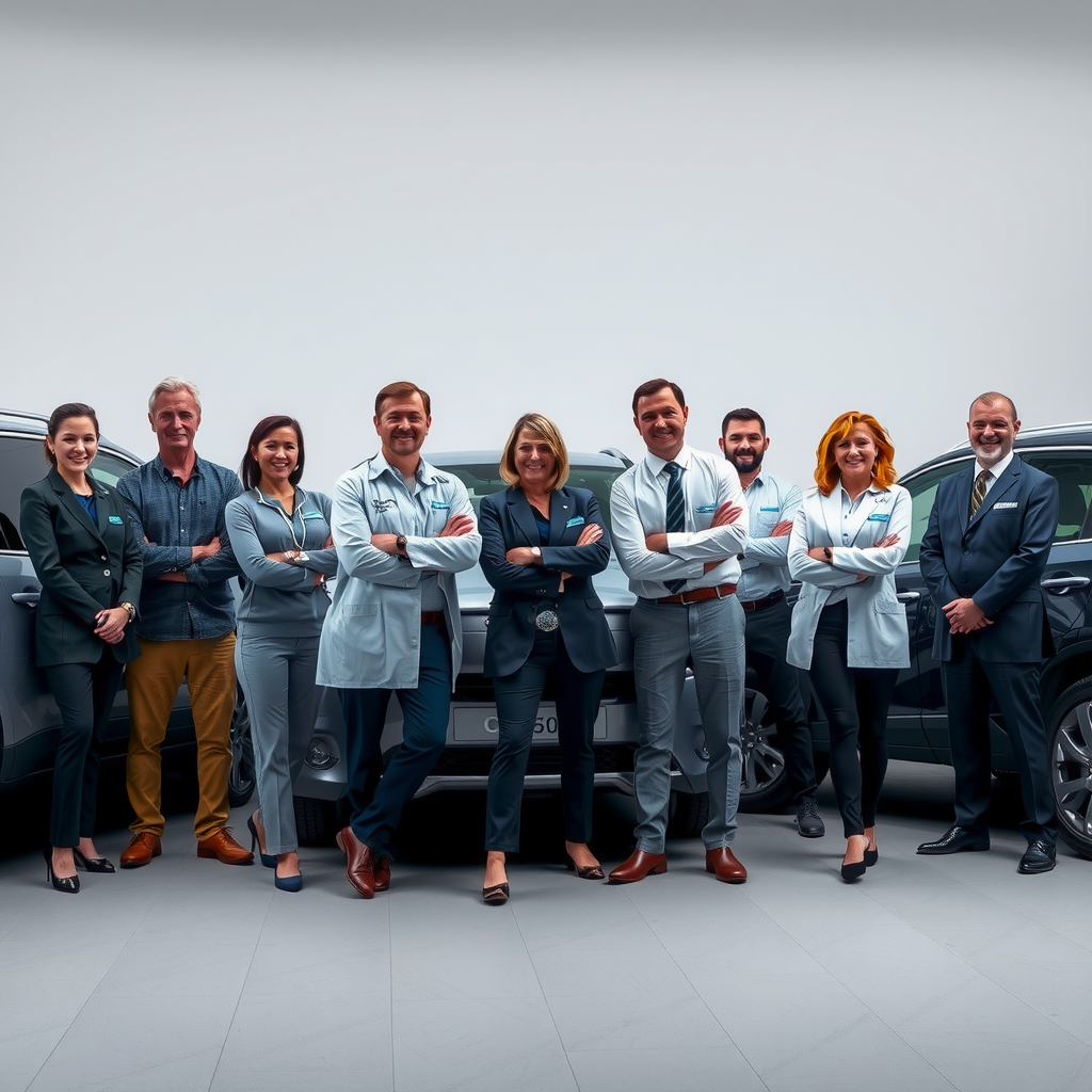 Equipo completo de profesionales de DanisheSyst posando junto a vehículos inspeccionados, mostrando experiencia, profesionalismo y compromiso con excelencia en servicio de selección automotriz